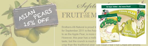 15% Off Brothers-All-Natural Asian Pear Fruit Crisps -- Brothers-All-Natural is America's favorite brand of 100% fruit snacks! 15% Off Brothers-All-Natural Asian Pear Fruit Crisps -- Brothers-All-Natural is America's favorite brand of 100% fruit snacks!